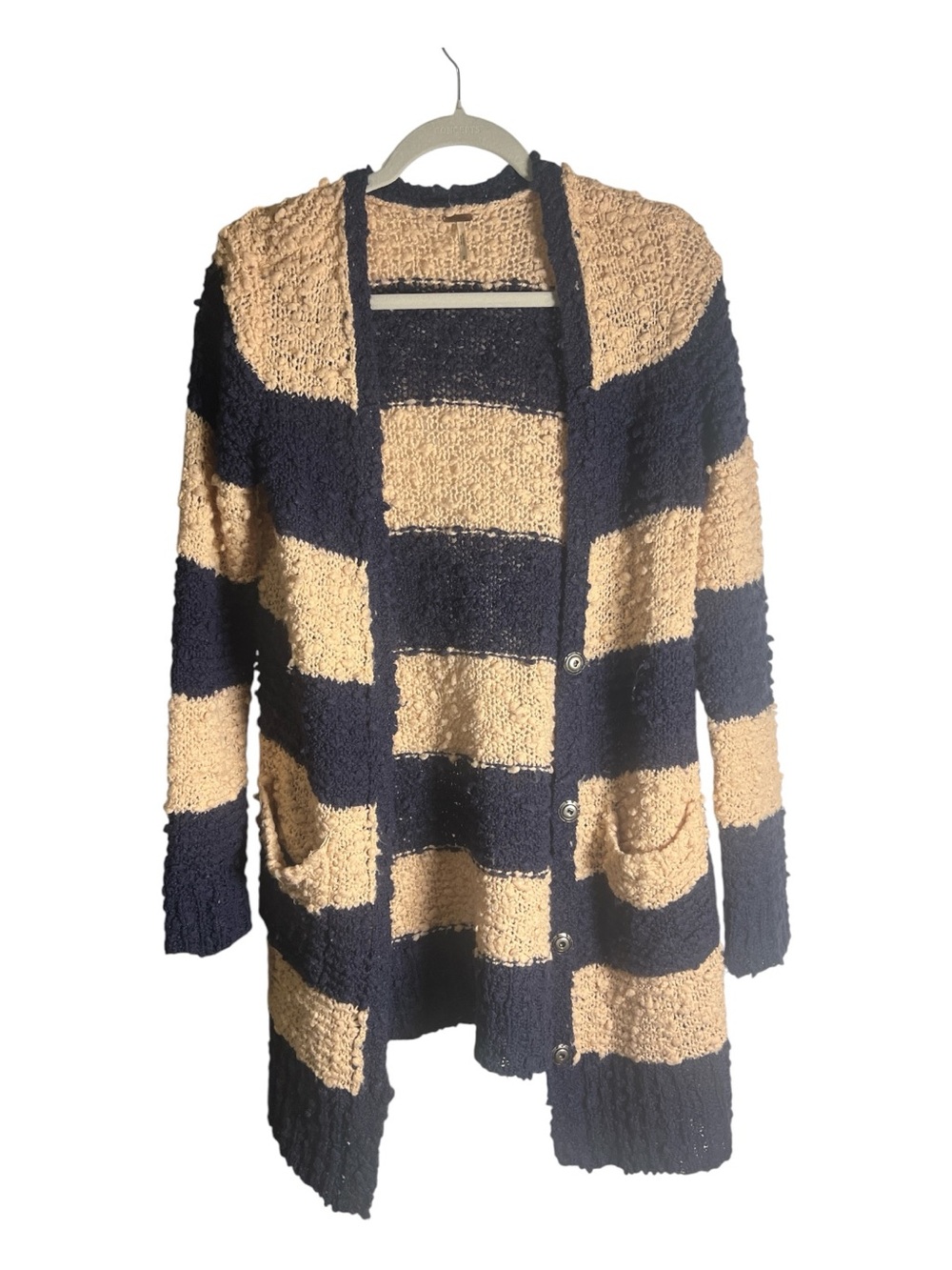 Free People Marshmallow Striped Open Cardigan Sweater - Navy and Cream